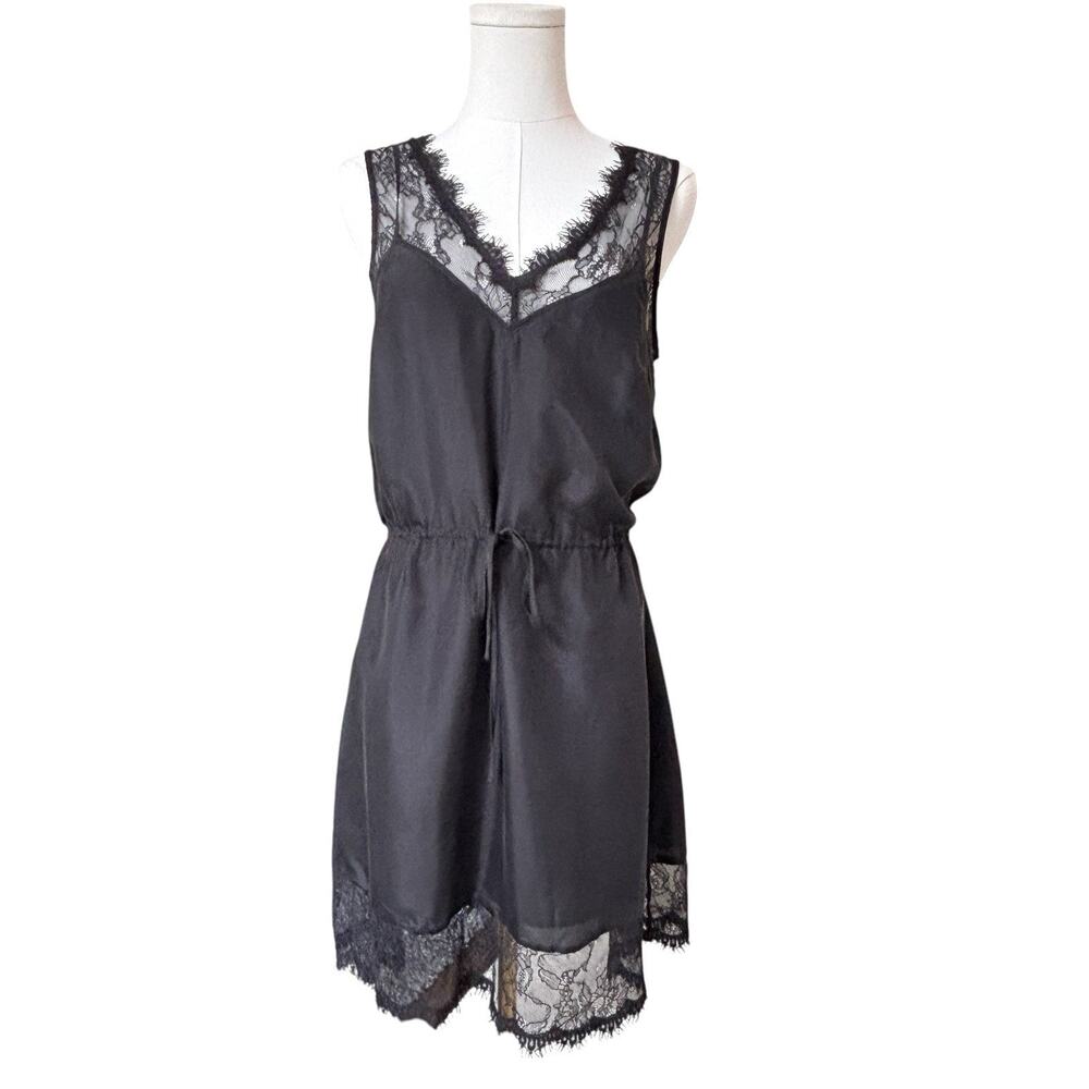 Armani Exchange Black Silk Dress With Lace Detail. Lined Sz 4 Drawstring‎ Waist